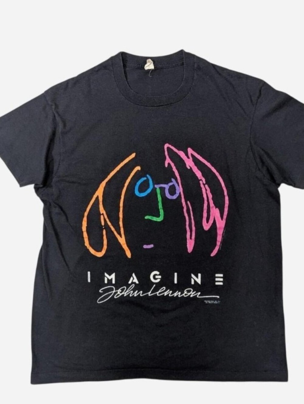 80s vintage John Lennon "Imagine" self-portrait t-shirt Neon On Black Tee Siz XL